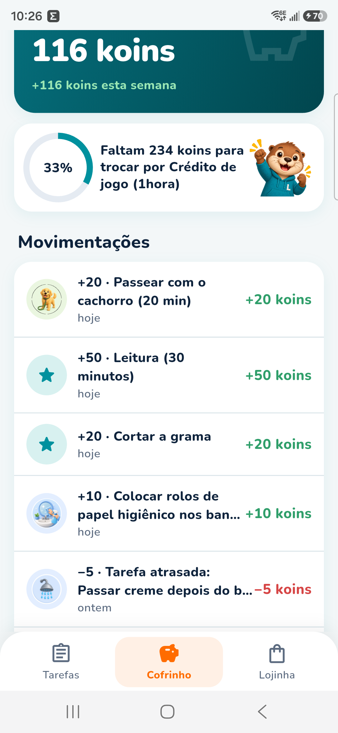 Guga's piggy bank with 116 koins, a goal, and today's movements
