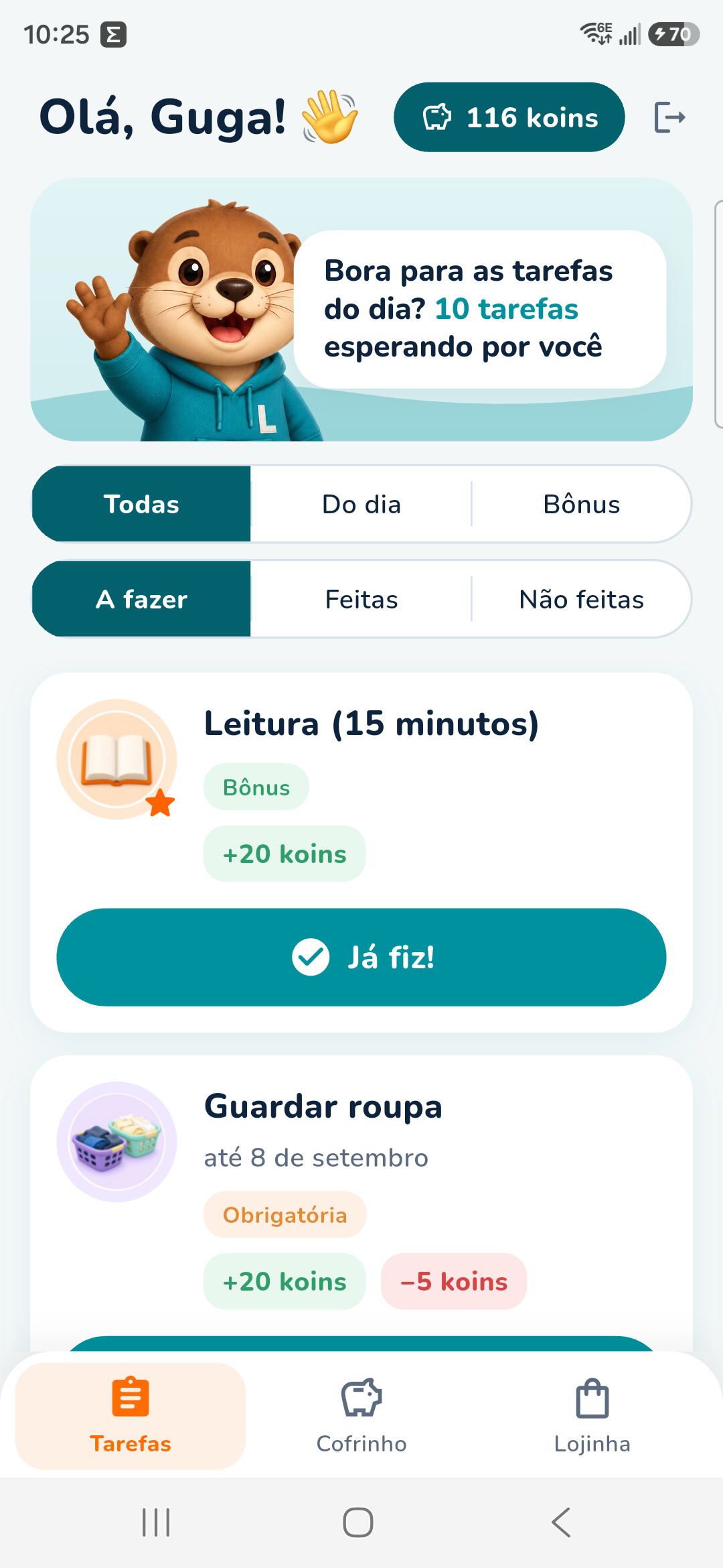 Koin for Kids child task list for Guga, with 116 koins and a Já fiz button