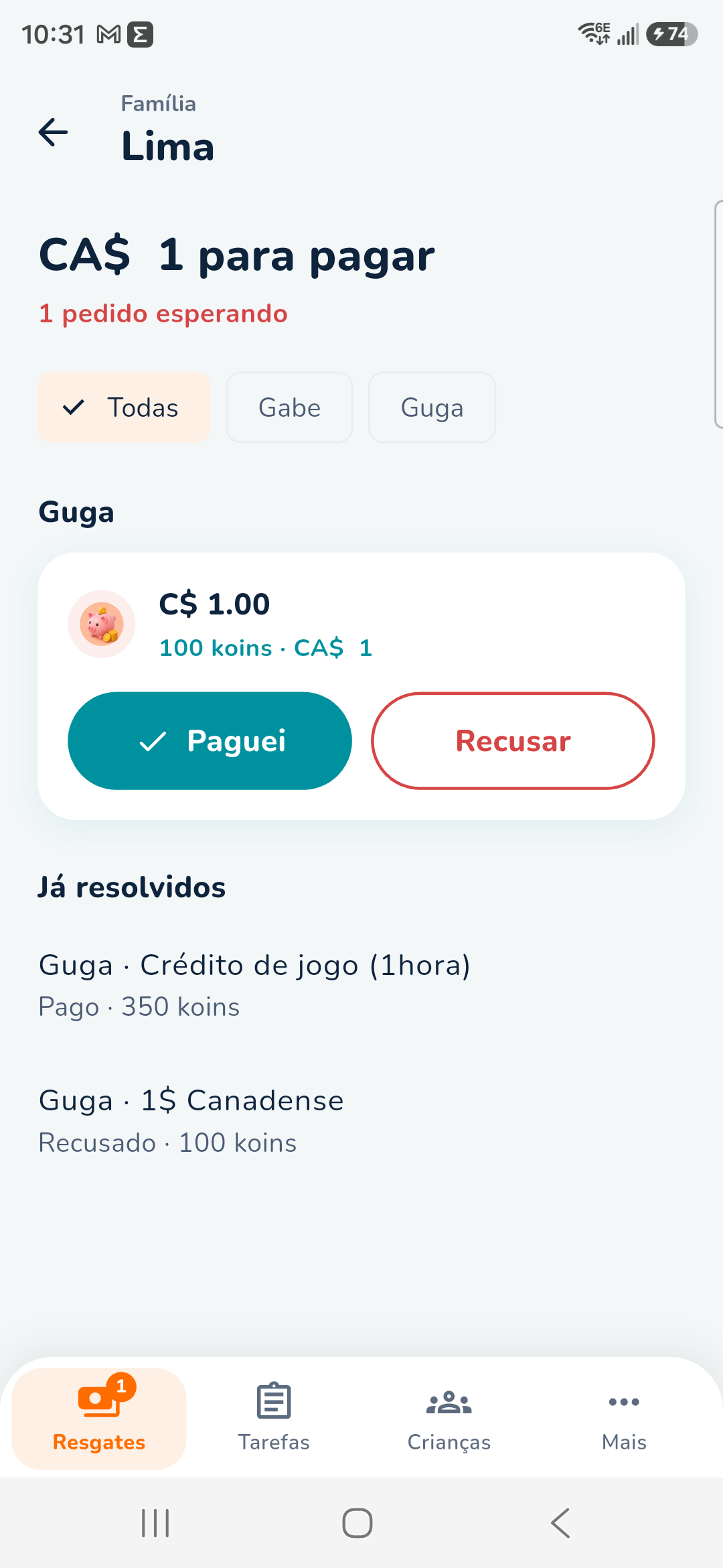 Família Lima payouts: C$ 1.00 waiting, with Paid and Decline